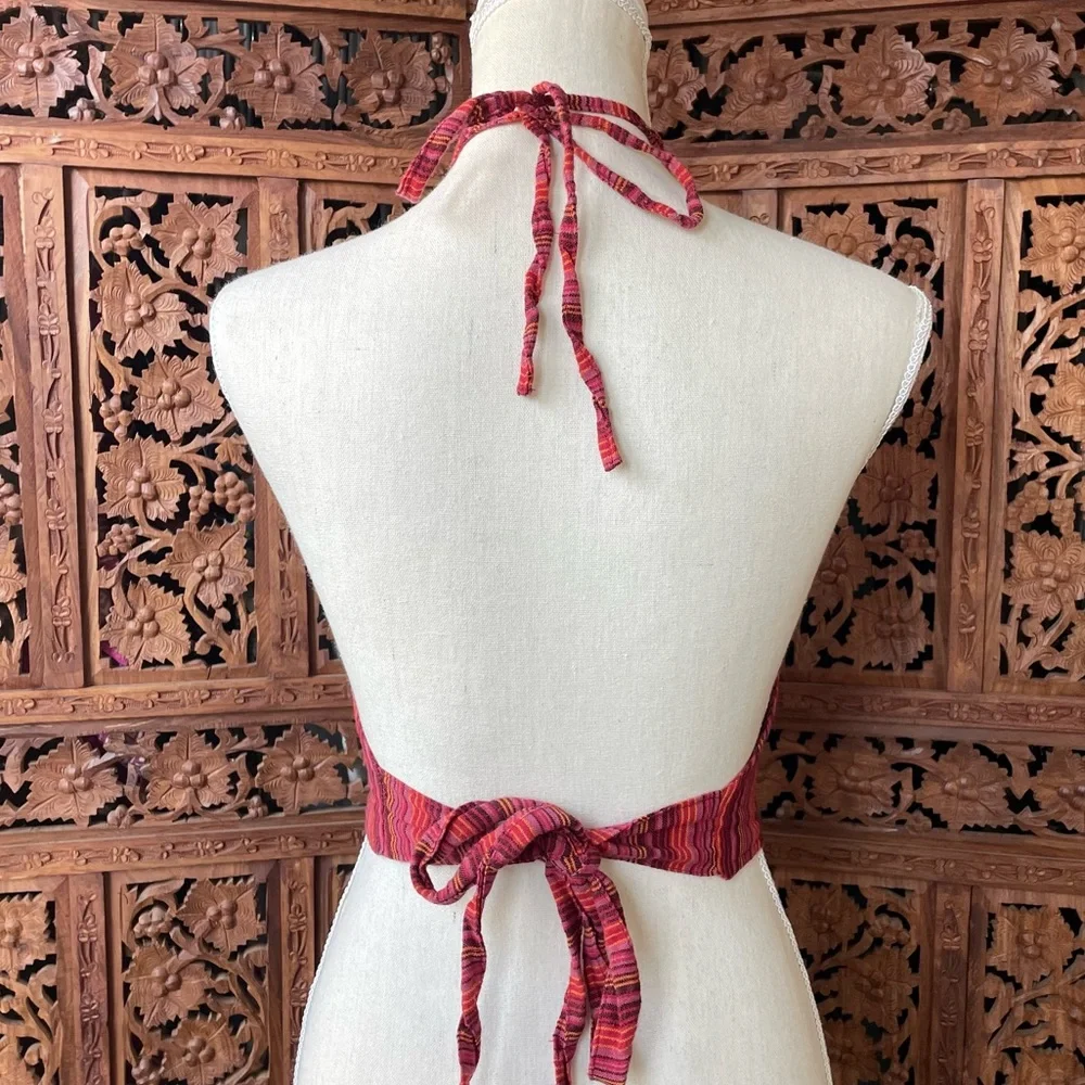 Vintage Coachella Embroidered Striped Red Halter Crop Top Sun & Floral Motif - Picture 7 of 9